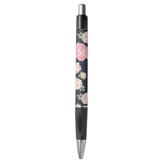 Roze en Blauwe  Rozen Patroon Monogrammen Pen (Voorkant Verticaal)