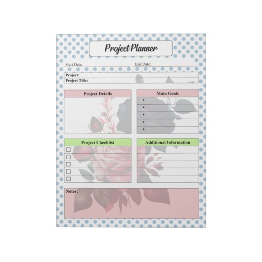 Roze en Blauwe Rozen Project Planner Notitieblok (Linkerzijde)