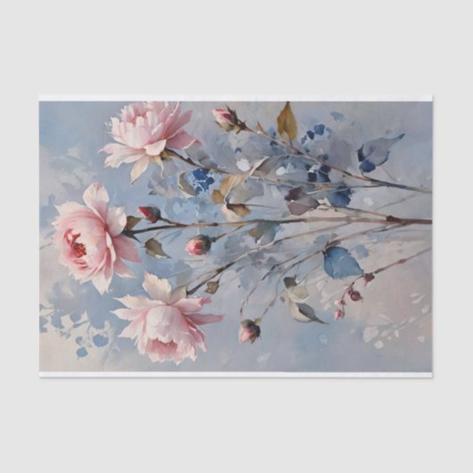 Roze en Blauwe Rozen Waterverf Decoupage Tissuepapier (Voorkant)
