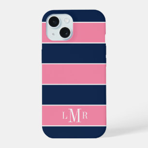 Roze en Blauwe Rugby Strepen 3 Letter Monogram iPhone 15 Hoesje