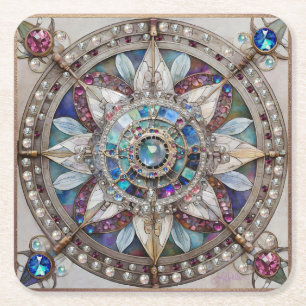 Roze en Blauwe Saffieren Diamanten Parels Mandala Kartonnen Onderzetters