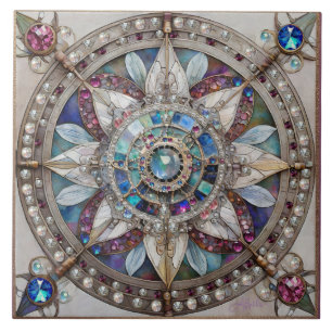 Roze en Blauwe Saffieren Diamanten Parels Mandala Tegeltje