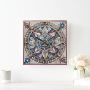 Roze en Blauwe Saffieren Diamanten Parels Mandala Vierkante Klok