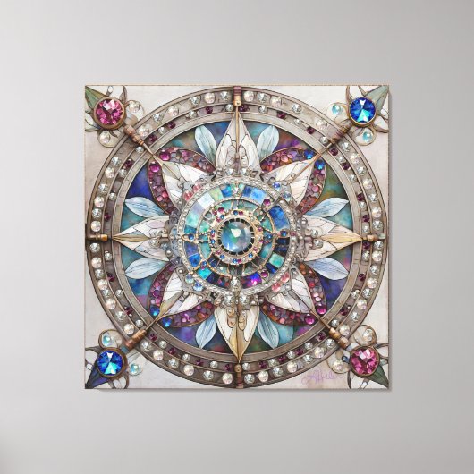 Roze en Blauwe Sapphires Diamanten Parels Mandala Canvas Afdruk (Voorkant)