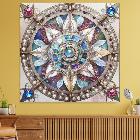 Roze en Blauwe Sapphires Diamanten Parels Mandala Canvas Afdruk (Insitu (Woonkamer))