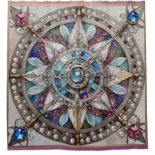 Roze en Blauwe Sapphires Diamanten Parels Mandala Douchegordijn (Voorkant)