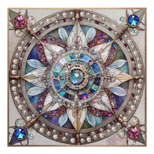Roze en Blauwe Sapphires Diamanten Parels Mandala Foto Afdruk (Voorkant)