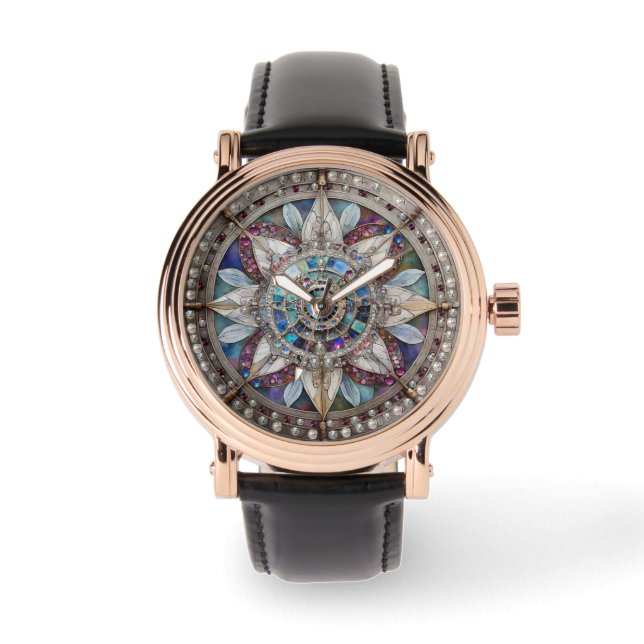 Roze en Blauwe Sapphires Diamanten Parels Mandala Horloge (Voorkant)