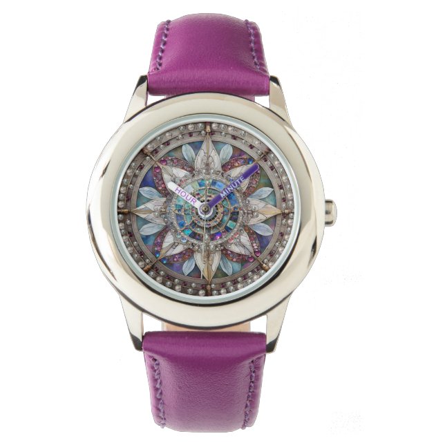 Roze en Blauwe Sapphires Diamanten Parels Mandala Horloge (Voorkant)
