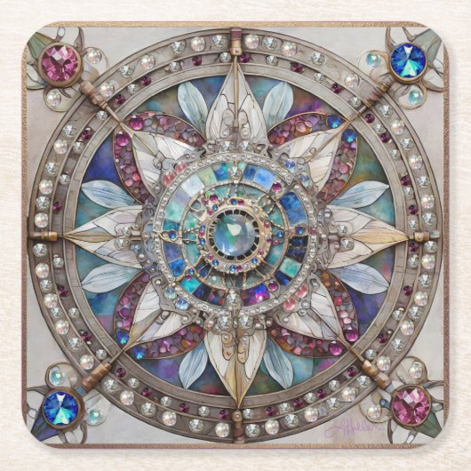 Roze en Blauwe Sapphires Diamanten Parels Mandala Kartonnen Onderzetters (Voorkant)