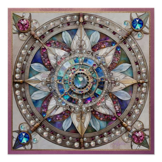 Roze en Blauwe Sapphires Diamanten Parels Mandala Perfect Poster (Voorkant)