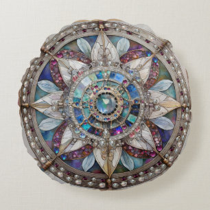 Roze en Blauwe Sapphires Diamanten Parels Mandala Rond Kussen