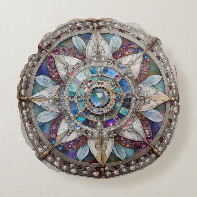 Roze en Blauwe Sapphires Diamanten Parels Mandala Rond Kussen (Voorkant)