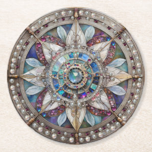 Roze en Blauwe Sapphires Diamanten Parels Mandala Ronde Kartonnen Onderzetter