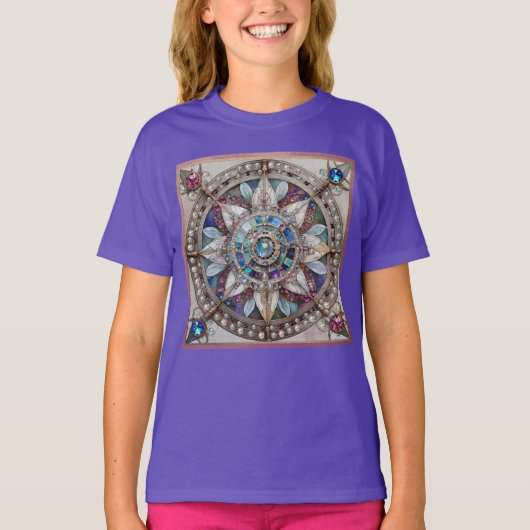 Roze en Blauwe Sapphires Diamanten Parels Mandala T-shirt (Voorkant)