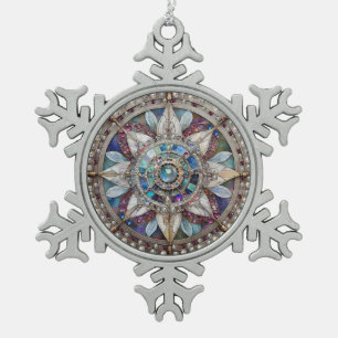 Roze en Blauwe Sapphires Diamanten Parels Mandala Tin Sneeuwvlok Ornament