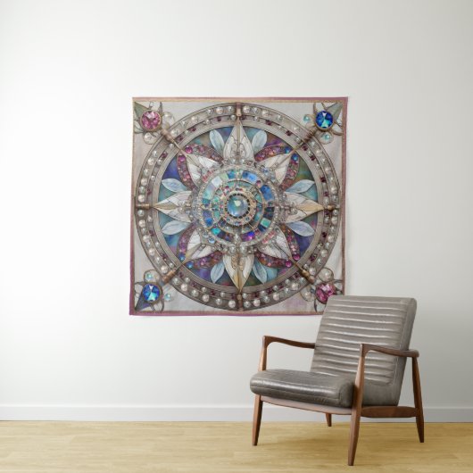 Roze en Blauwe Sapphires Diamanten Parels Mandala Wandkleed (In situ)