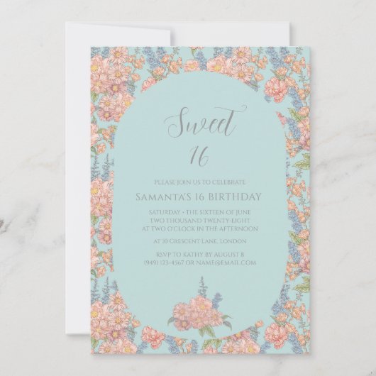 Roze en blauwe shabby chique bloemen 16 Verjaardag Kaart (Voorkant)