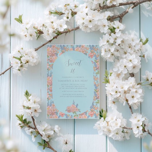 Roze en blauwe shabby chique bloemen 16 Verjaardag Kaart