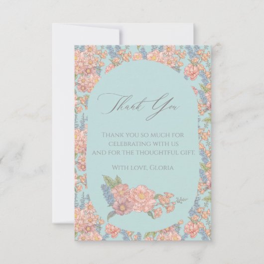 Roze en blauwe shabby chique bloemen bedankkaart (Voorkant)