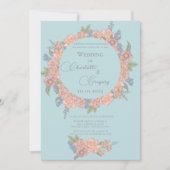 Roze en blauwe shabby chique bloemen bruiloft kaart (Voorkant)