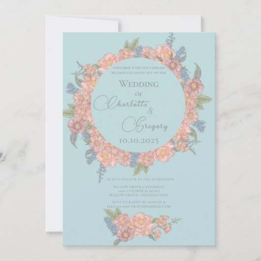 Roze en blauwe shabby chique bloemen bruiloft kaart (Voorkant)