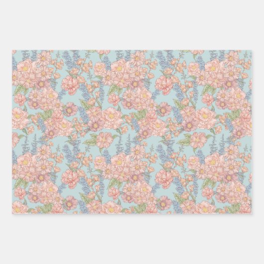 Roze en blauwe shabby chique bloemen inpakpapier vel (Voorkant 3)