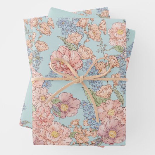 Roze en blauwe shabby chique bloemen inpakpapier vel (In situ)