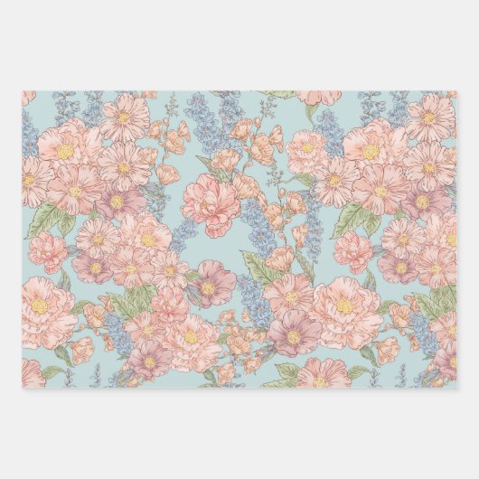 Roze en blauwe shabby chique bloemen inpakpapier vel (Voorkant)