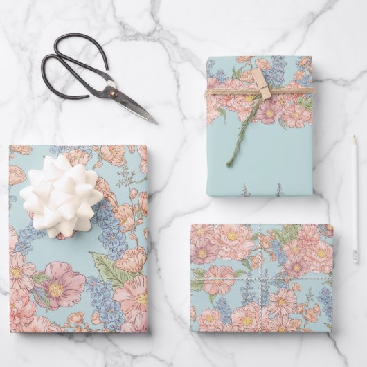 Roze en blauwe shabby chique bloemen inpakpapier vel (Voorkant)