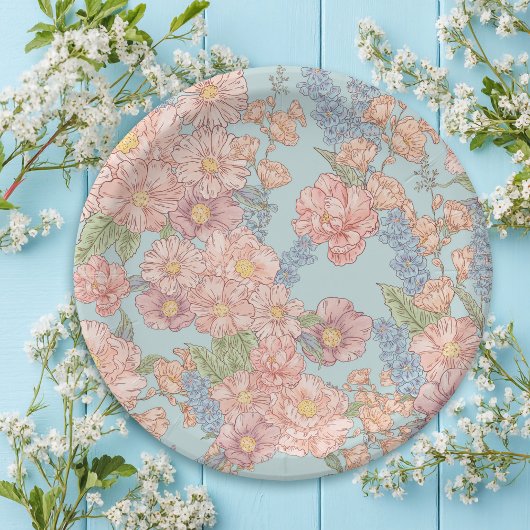 Roze en blauwe shabby chique bloemen papieren bordje