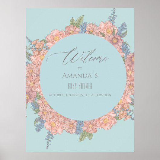 Roze en blauwe shabby chique bloemen Welkom Poster (Voorkant)