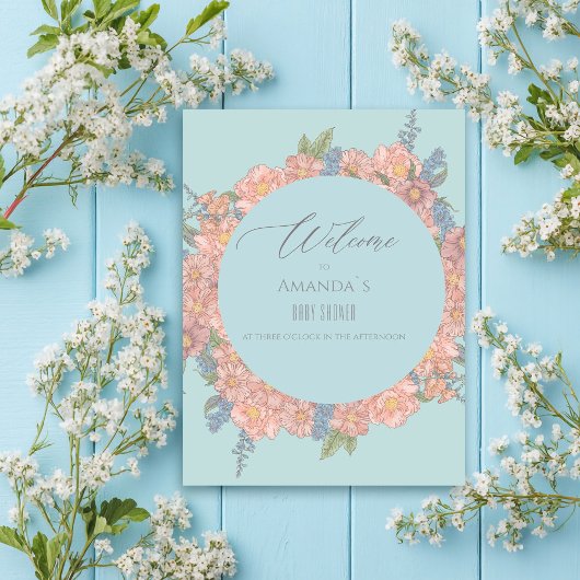 Roze en blauwe shabby chique bloemen Welkom Poster