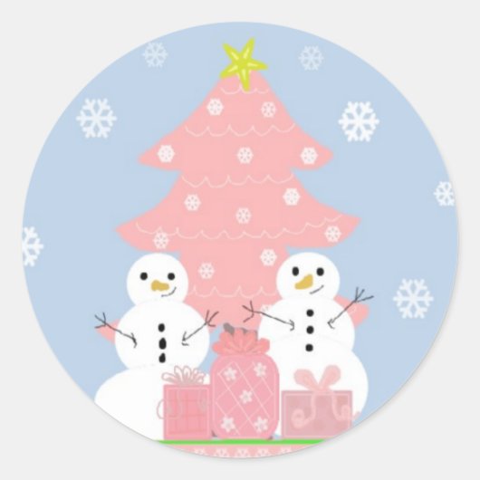 Roze en Blauwe Sneeuwmannen Scene Ronde Sticker (Voorkant)
