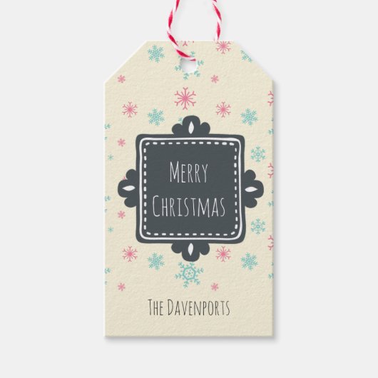 Roze en blauwe sneeuwvlokken, geschikt voor kerstm cadeaulabel (Voorkant)