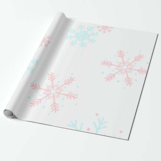 roze en blauwe sneeuwvlokken kerst cadeaupapier (Uitgerold)