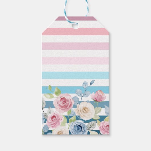Roze en blauwe streep en bloem cadeaulabel (Voorkant)