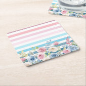 Roze en blauwe streep en bloem kartonnen onderzetters (Schuin)