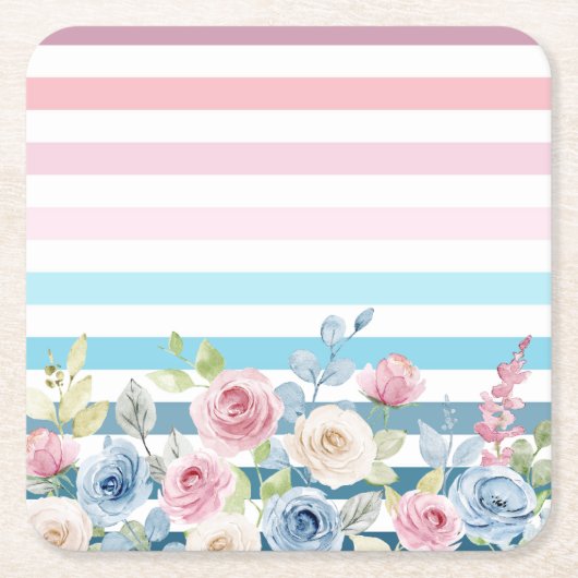 Roze en blauwe streep en bloem kartonnen onderzetters (Voorkant)