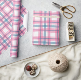 Roze en Blauwe Tartan Kerstmis Cadeaupapier