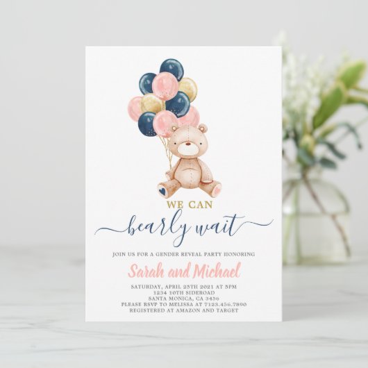Roze en blauwe teddybeer Baby shower onthulling Kaart (Staand voorkant)