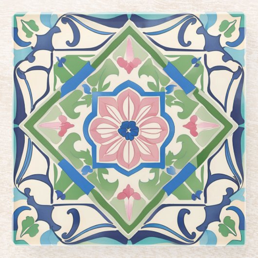 Roze en blauwe tegel glazen onderzetter (Voorkant)