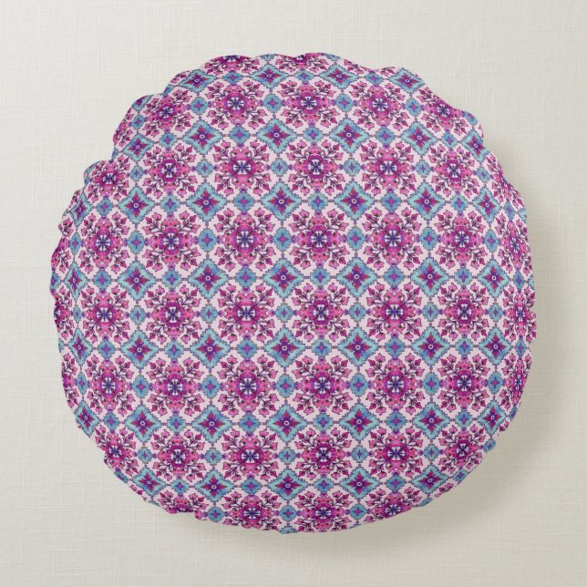 Roze en Blauwe Tegelontwerp Rond Kussen (Voorkant)