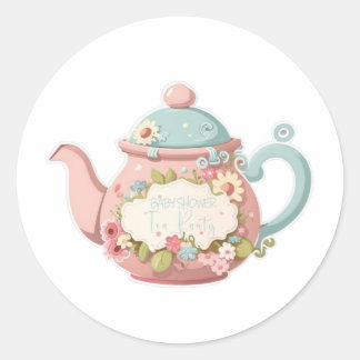 Roze en blauwe theepot met bloemstickers ronde sticker