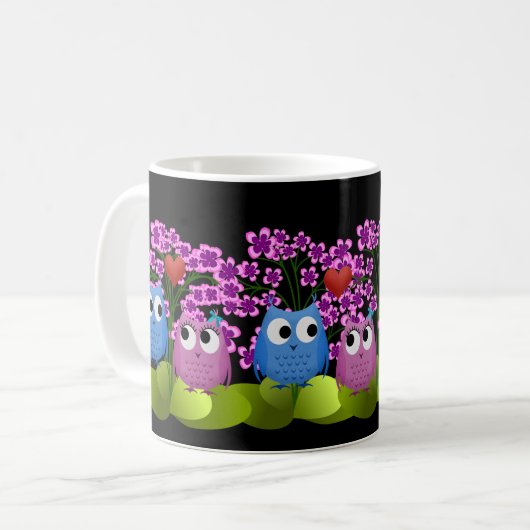 Roze en Blauwe Tortelduifjes Uil Design Koffiemok (Voorkant links)