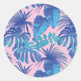 Roze en blauwe Tropische Foliage op maat Ronde Sticker