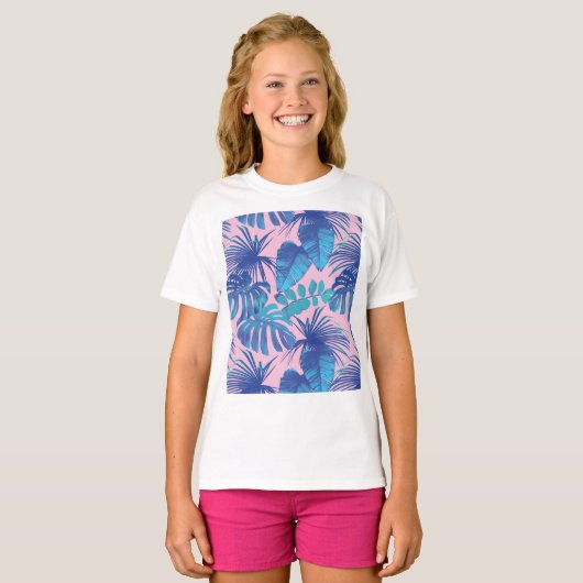 Roze en blauwe Tropische Foliage op maat T-shirt (Voorkant volledig)