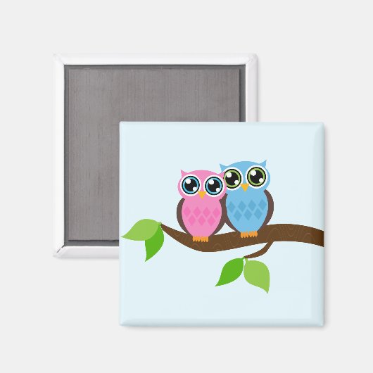 Roze en Blauwe Uil Paar Magneet (Voorkant / Achterkant)
