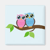 Roze en Blauwe Uil Paar Magneet (Voorkant)