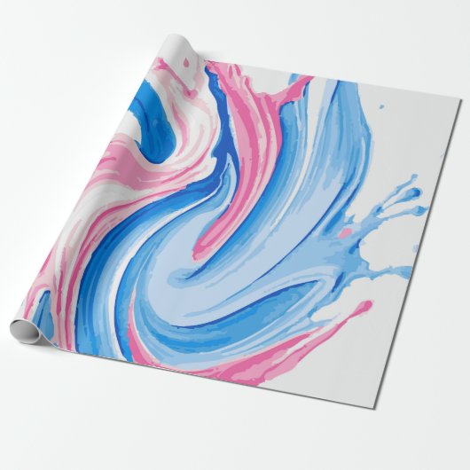 Roze en Blauwe Verfspatpatroon op Wit – Leuk Cadeaupapier (Uitgerold)